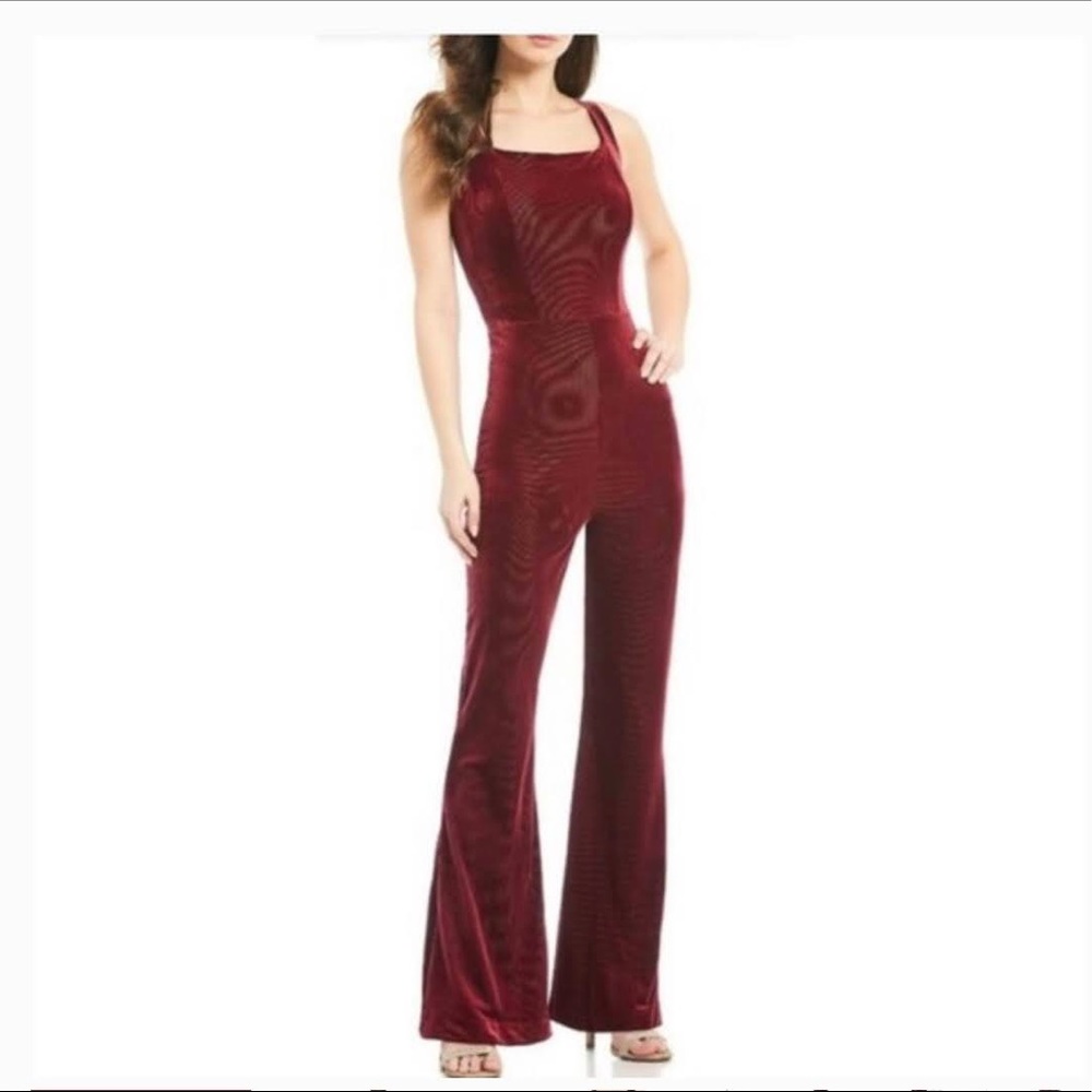 Gianni Binni Gabe Burgundy Velour Flare Jumpsuit